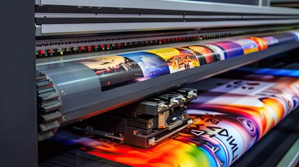 Close-up of a high-quality printer in action, producing vibrant, colorful prints with precise detail, ideal for professional printing services and graphic design projects