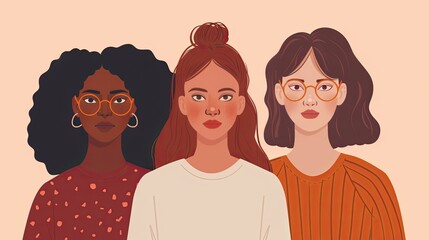An illustration of three diverse women with different hairstyles and glasses, representing unity and empowerment