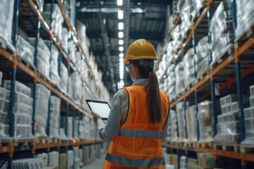A female engineer holding a tablet in the warehouse