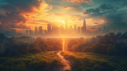 Fototapeta premium A vibrant sunset illuminates a city skyline with a lush forest path leading towards the urban landscape.