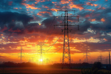 Sunrise, high-voltage lines and iron towers