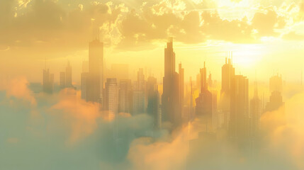 Fototapeta premium Urban skyline obscured by dawn fog, with skyscrapers emerging like giants from a sea of white, evoking a sense of urban mystique and transformation