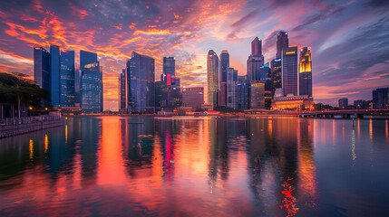 Fototapeta premium Urban skyline with skyscrapers reflecting a vibrant sunset over a river