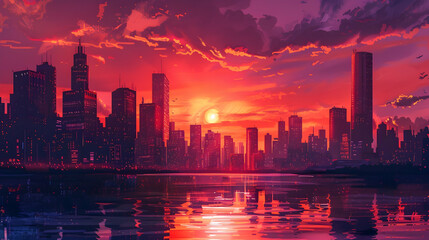 Fototapeta premium Urban skyline with skyscrapers reflecting a vibrant sunset over a river