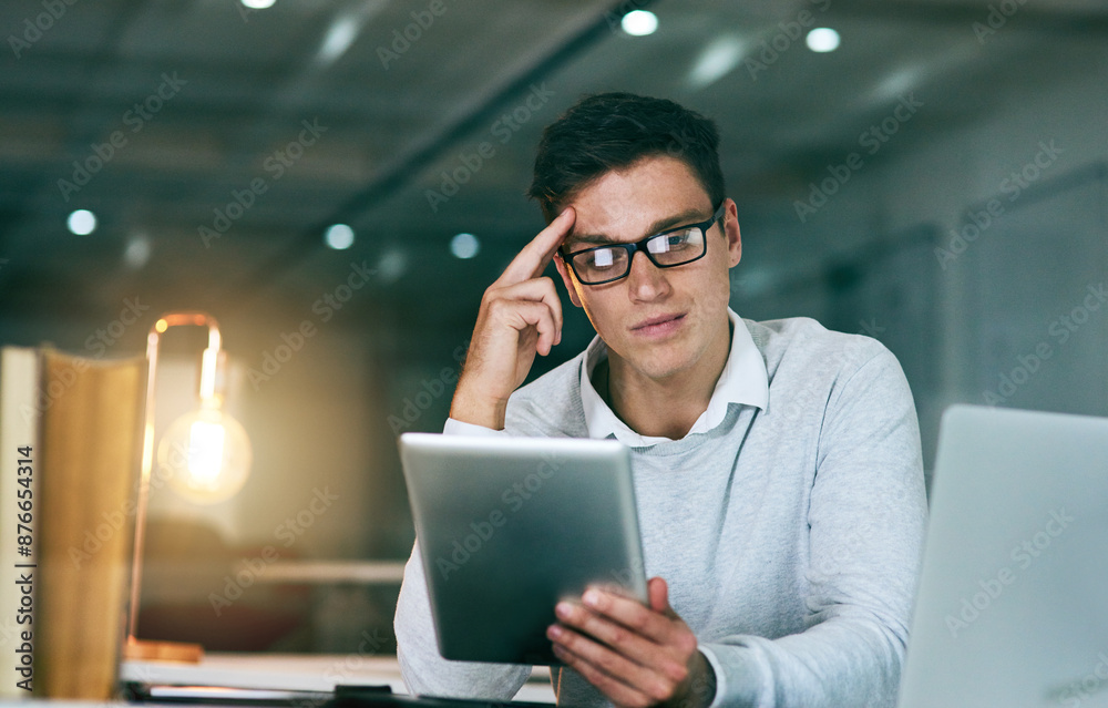 Poster business, thinking and man with tablet, night and thoughts with planning for project ideas. person, 