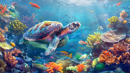 Obraz premium Vibrant coral reef with a sea turtle grazing on colorful algae, surrounded by fish