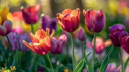 Obraz premium Vibrant tulips in a botanical garden, their colorful petals radiant in the morning sunlight