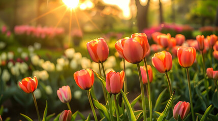 Obraz premium Vibrant tulips in a botanical garden, their petals aglow under the golden hues of a setting sun