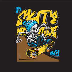 Vector Illustration of Skeleton Riding a Skateboard with Vintage Illustration Available for Tshirt Design