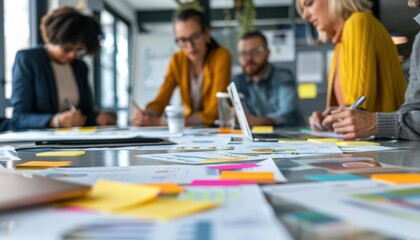 Focused team collaborating on a project with documents and sticky notes in a modern office setting, demonstrating teamwork and brainstorming.