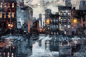 Abstract urban cityscape with moody colors and reflections, showcasing tall buildings and a quiet street under a cloudy sky.