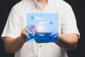 Man using mobile device for online communication with digital chat interface.