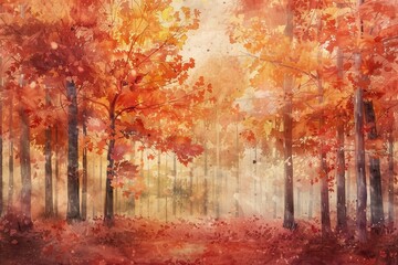 Beautiful autumn forest with vibrant red and orange leaves, capturing the essence of fall in a serene woodland setting.