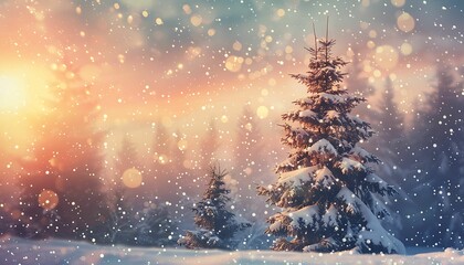 Winter landscape wallpaper with pine forest covered with snow and scenic sky at sunset. Snowy fir tree in beauty nature scenery. Christmas and new year greeting card background.