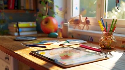 A student's desk with a digital tablet and stylus
