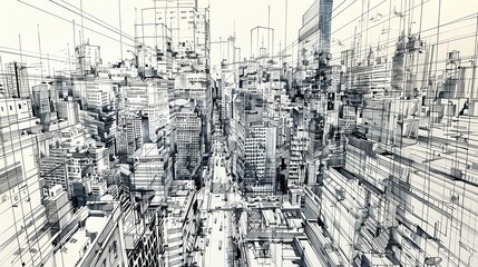 Fototapeta premium Intricate technical sketch of a modern cityscape in black and white, showcasing architectural lines and detailed urban planning.