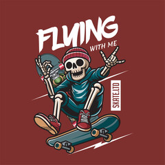 Vector Illustration of Skeleton Riding a Skateboard with Vintage Illustration Available for Tshirt Design