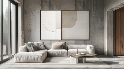Obraz premium Modern minimalist living room with a cozy sofa, abstract wall art, and a coffee table, featuring large windows and neutral decor.