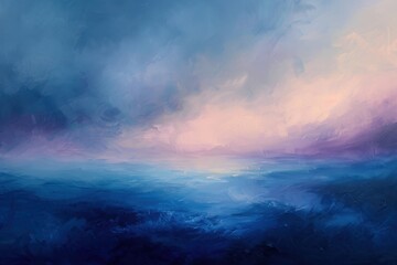 Naklejka premium Serene abstract painting twilight sky blending into calm ocean, showcasing soothing shades blue purple.