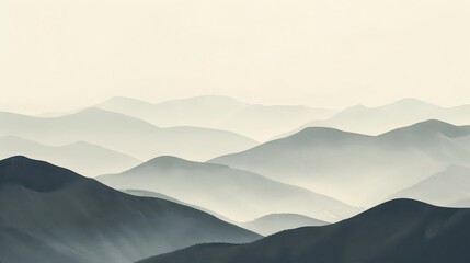 Serene landscape of foggy mountains with layered peaks creating a tranquil and calming atmosphere, perfect for nature and travel themes.