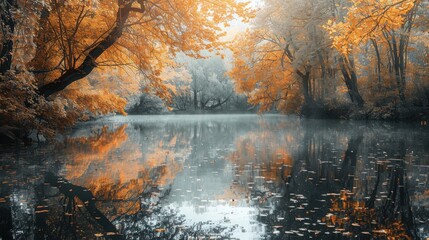 Fototapeta premium Tranquil autumn lake with misty reflections, surrounded by vibrant orange foliage and serene, foggy atmosphere, perfect for nature enthusiasts.