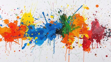 Fototapeta premium Vibrant abstract paint splatter art with a mix of bright colors on a white background. Modern expressionist style, perfect for creative projects.