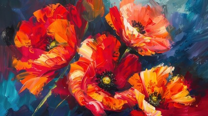 Vibrant red poppies painted expressive style, blending bold colors dynamic brushstrokes striking visual impact.