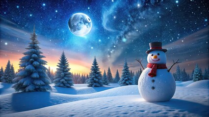 Obraz premium Snowman standing in a magical winter Christmas landscape under the night sky, snowman, winter, Christmas, landscape, magical, night