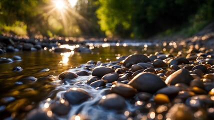 Fototapeta premium Stream and small pebbles sparkling under the sunlight, Generative AI