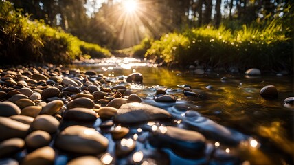 Fototapeta premium Stream and small pebbles sparkling under the sunlight, Generative AI