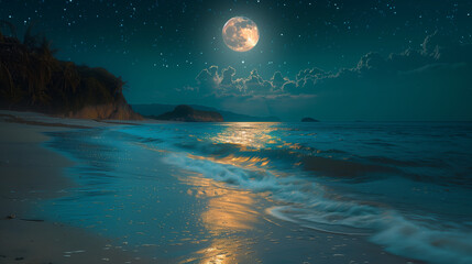 Beauty of a full moon lit night on a sea beach.