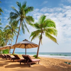 Resort view, sunbeds and umbrellas on tropical beach in Sri Lanka. Panoramic scenic view of nice sand sea shore with palms in summer. Idyllic landscape, beautiful ocean coast and beds under blue sky.