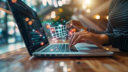 digital marketing commerce online sale, concept promotion of products or services , person typing on a laptop