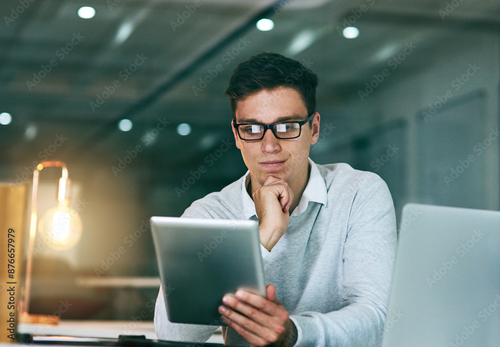 Poster employee, thinking and man with tablet, night and thoughts with planning for project ideas. person, 