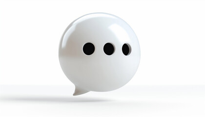 Glossy white chat bubble with three black dots floating on a white background