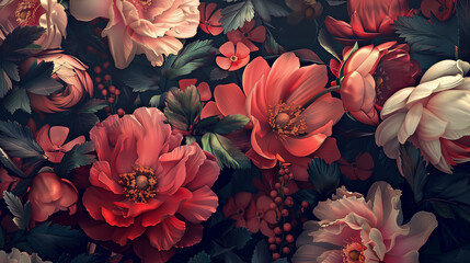 Dense arrangement of roses and small flowers in muted tones. Vintage and floral art style