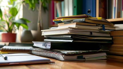 A stack of notebooks and binders on a desk