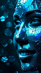 AI generated illustration of artistic smiley face which has been contained cracked mirror parts on blue color background