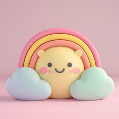 Playful 3D illustration of a smiling sun and rainbow with soft pastel colors
