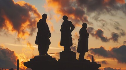 Silhouettes of three statues against a dramatic sunset sky, with colorful clouds creating a beautiful contrast.