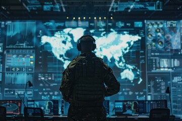 Soldier monitoring global operations in a command center with advanced technology and large screen showing world map.
