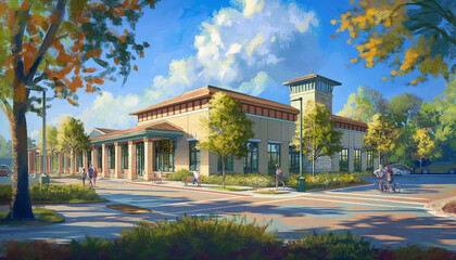 Artistic rendering of a community center surrounded by people, trees, and flowers on a sunny day