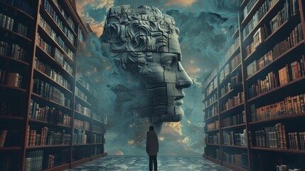 Naklejka premium Surreal scene of a giant stone face in a library aisle, with a person standing in awe, blending elements of imagination and reality.