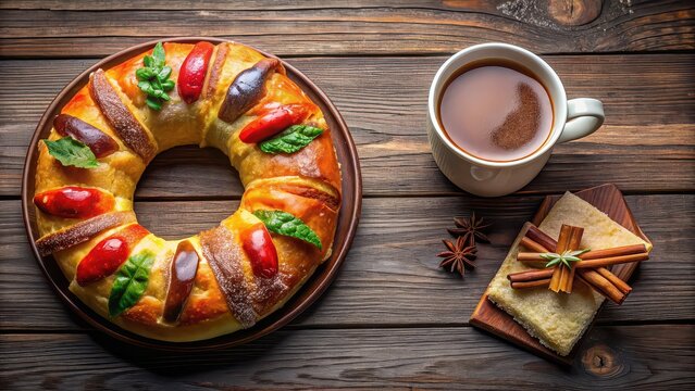 Top view of a slice of Epiphany cake, Kings cake, or Rosca de reyes with a cup of hot chocolate and molinillo