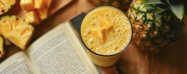 Artistic composition of a pineapple smoothie with a recipe book open to the smoothie page,  Pineapple Smoothie ,  Recipe inspiration