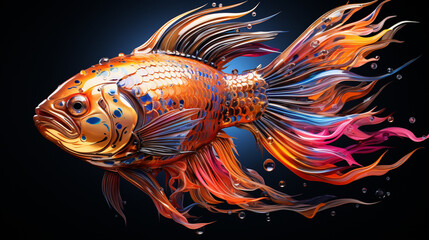 Vibrant fish with flowing orange, red, and pink fins swimming against a dark background.