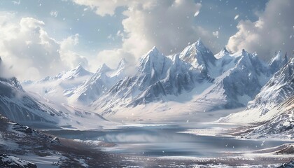 Fototapeta premium a snowy mountain range with a lake surrounded by snow covered mountains in the foreground and a cloudy sky in the background, with a few clouds in the foreground