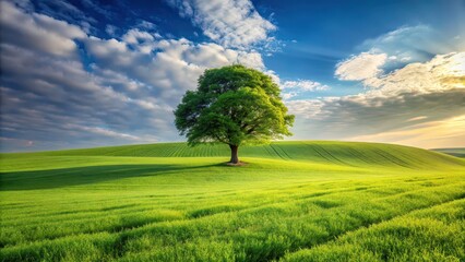 Idyllic green field with a lone tree in the countryside, landscape, nature, outdoors, tranquil, serene, picturesque