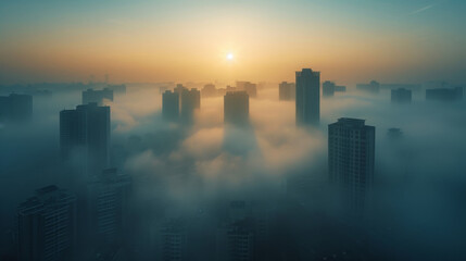 Aerial view of a cityscape covered in fog at sunrise, with tall buildings emerging through the mist.