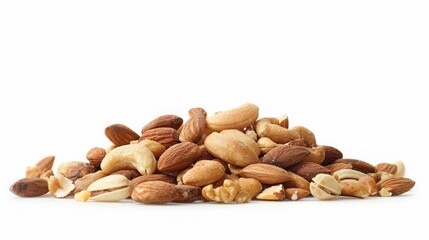 Fototapeta premium A pile of mixed nuts including almonds, cashews, and walnuts, isolated on a white background. Perfect for healthy snack or ingredient images.